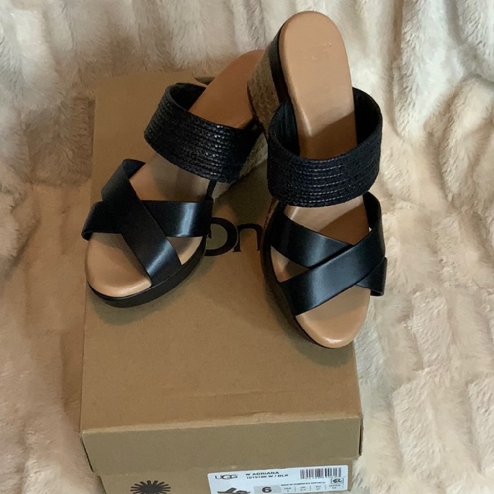 UGG Adriana Black leather Wedge Sandal.